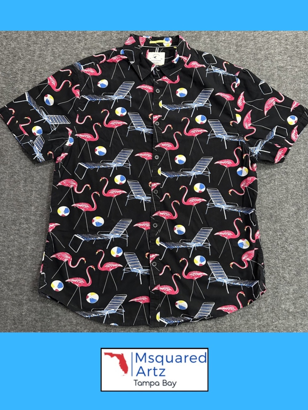 Cactus Man Ricky Singh Flamingo Beach Shirt Mens XL Black Button Front Cotton